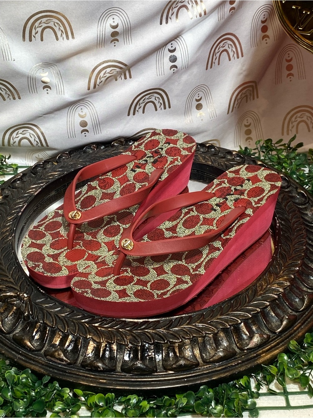 Coach Red Platform Flip Flop Sandals with Signature Jacquard